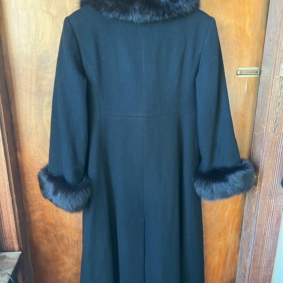 Luxury Long Swing Coat Marvin Richards Vintage Black Wool Fox Fur Trim - Picture 8 of 14